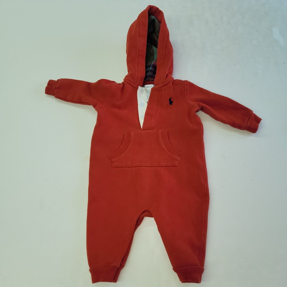 Polo Ralph‎ Lauren Baby Red Fleece Hooded Coverall Romper 6M Plaid Lining Pony